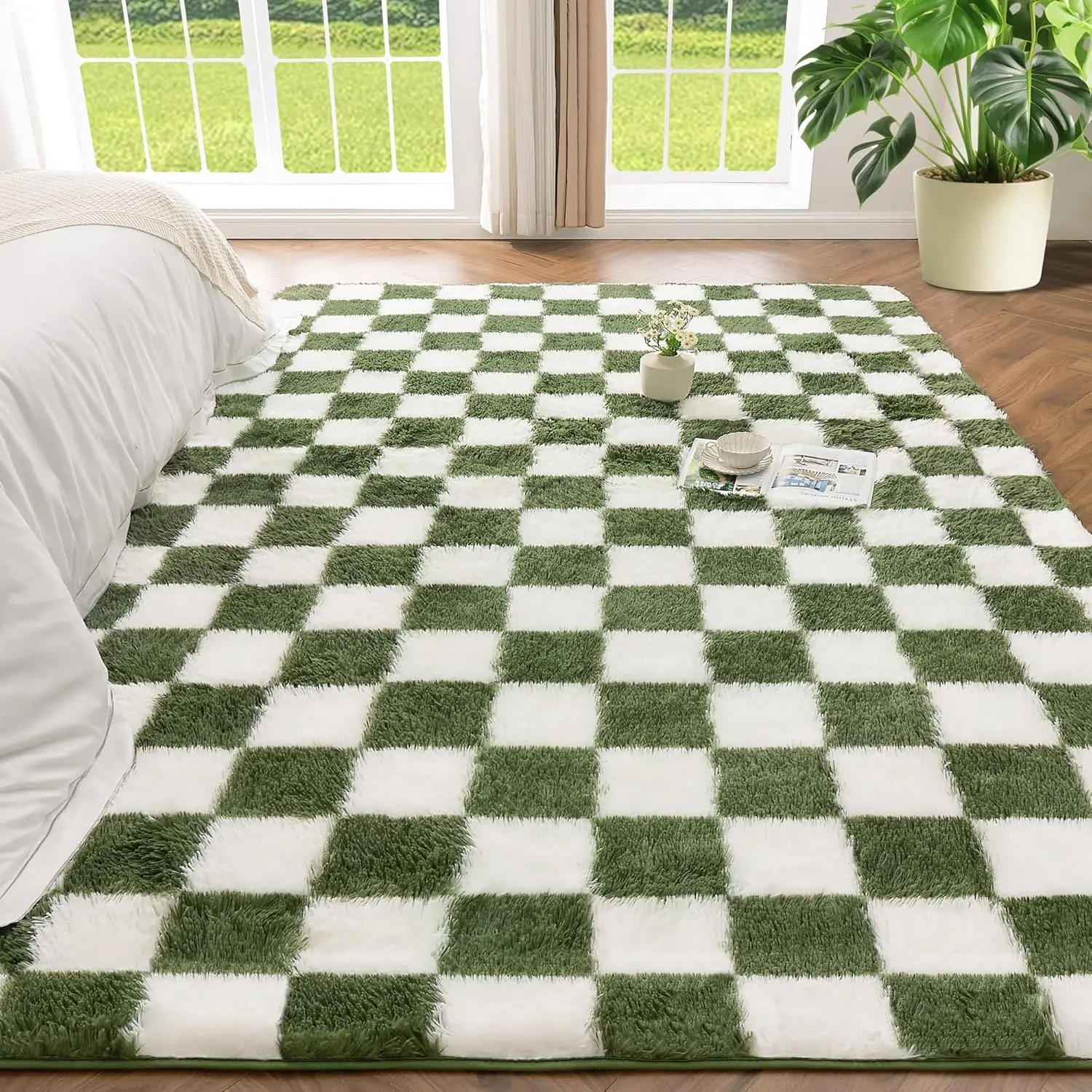 3x5 Ft Green and White Area Rug for Living Room Classic Checkered Shaggy Rug Non-Slip High Pile Soft Rug Fuzzy Carpet Bedroom Kids Toddler Room Nursery Playroom, Cute Dorm Home Decor