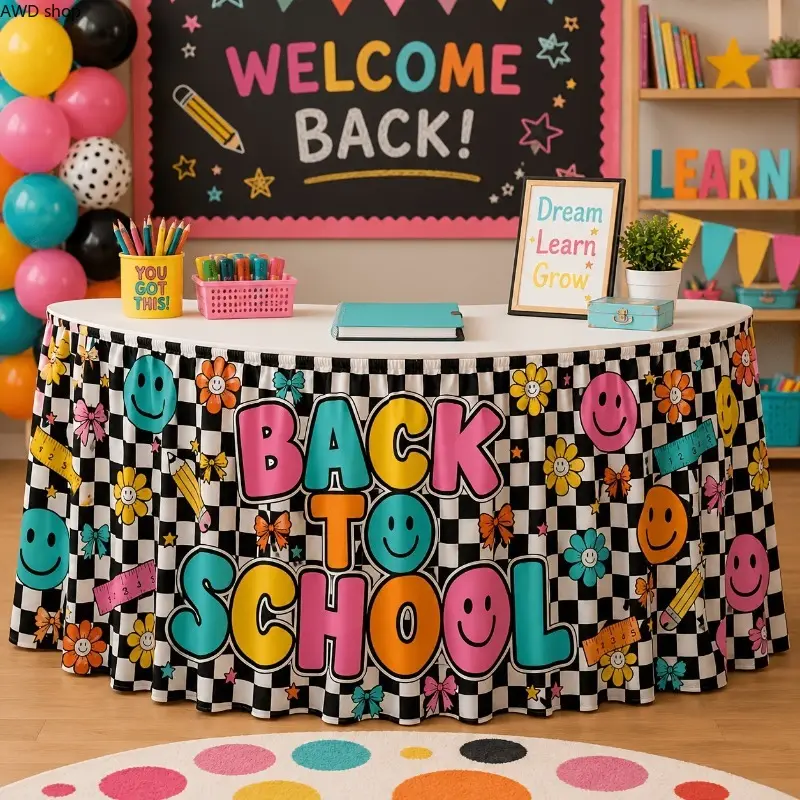 Colorful Party Table Skirt, Multi-theme Decor Table Skirting for Halloween Christmas Party, Back to School Campus Event Decorations, Reusable Table Cover for Dessert Buffet Banquet Table Decor Hand Hook