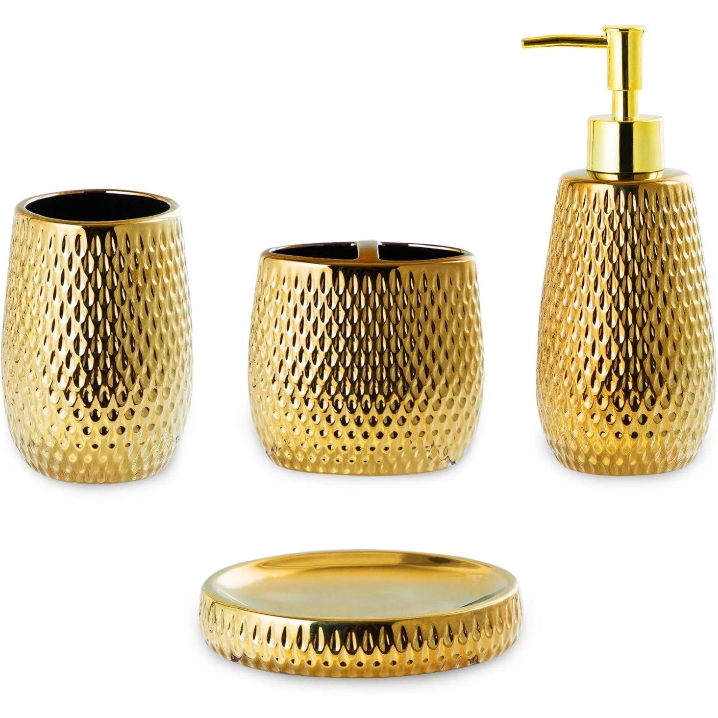 Gold Bathroom Accessory Set 4 Piece Ceramic Bath Accessories Complete, Rain-Drop Shaped Bathroom Essential with Toothbrush Holder, Dish, Tumbler, Soap Dispenser Set for Bath Decor