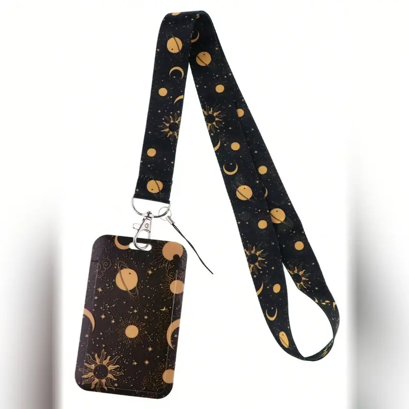 Vintage Gold Sun Planet Pattern Lanyard Card Holder, Neck Strap Anti-Loss Design, Unique Personal Style Commuter Traffic Card Storage Case
