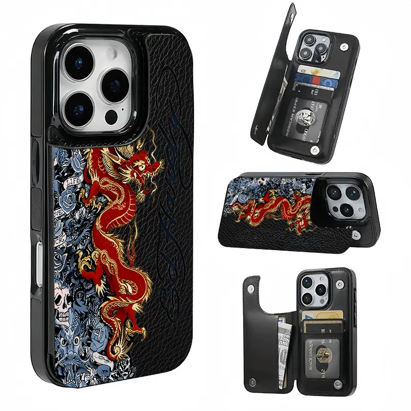 Card holder phone case with a painted dragon pattern.This practical TPU phone case features a patterned design and includes a card slot function,capable of holding bank cards, bus cards,and various other cards.Suitable for iPhone 17/16/15/14/13/12.