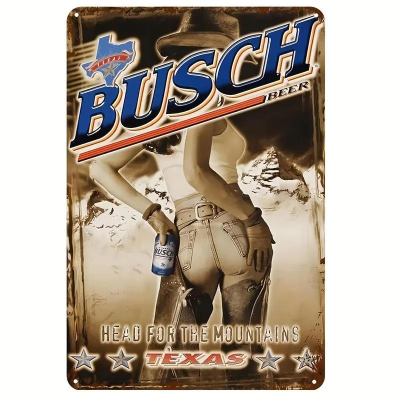 Vintage Busch Beer Grey Iron Wall Metal Plaque (8x12 in) - Weatherproof, Pre-Rolled Rustic Design, 1-Count Vintage Garage Signs, Room Decor Western Home Accessory for Man Cave