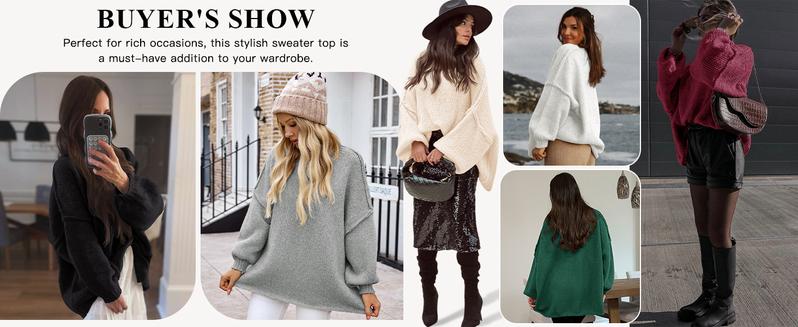 Saodimallsu Womens Oversized Sweater Chunky Crew Neck Long Lantern Sleeve Knit Fall Trendy Tunic Sweaters Top Beige Knitwear