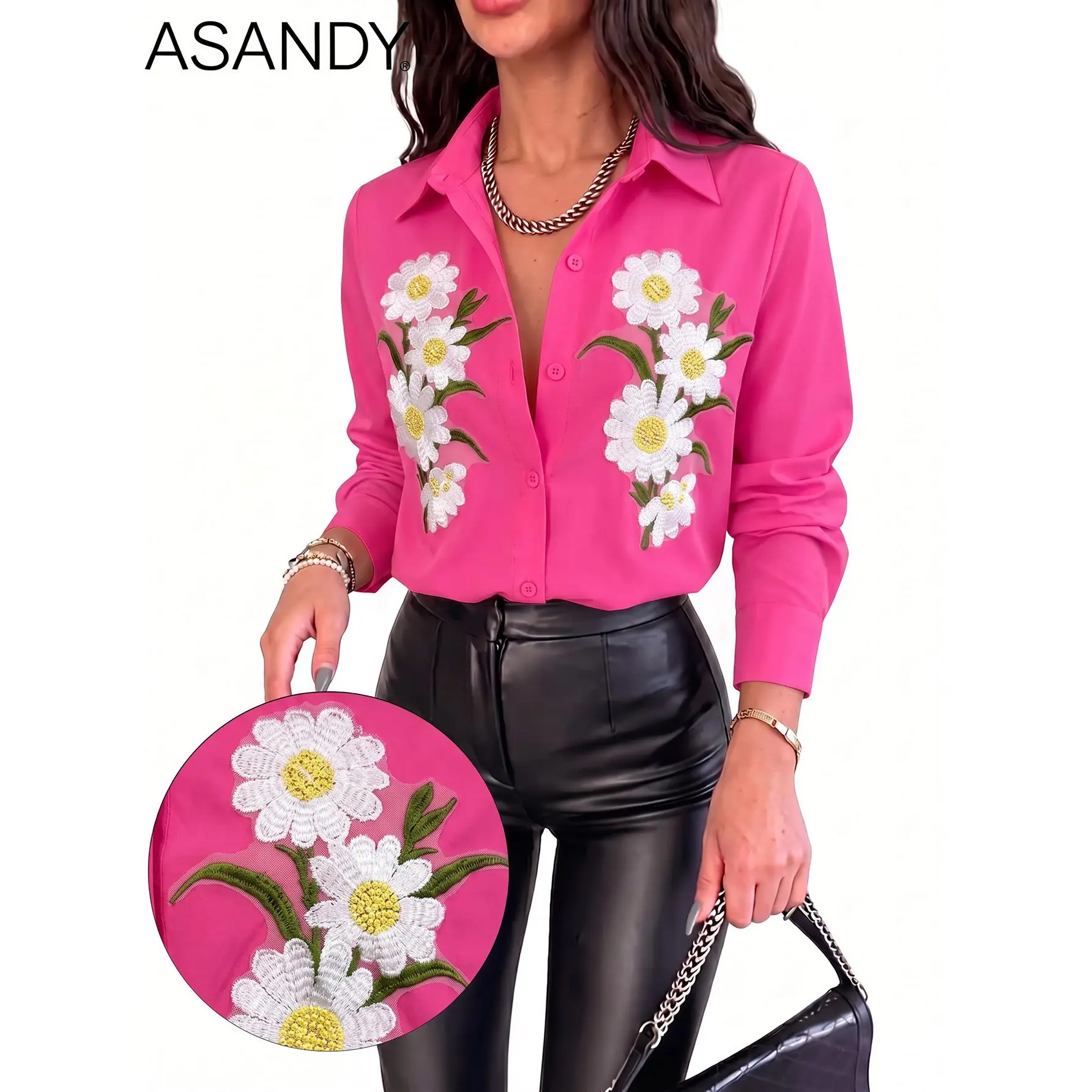 ASANDY Women Hot Pink Long Sleeve Collared Button Down Blouse 3D Daisy Floral Embroidery Applique Shirt Elegant Feminine Dressy Top Office Brunch Wedding Guest Daily Streetwear Casual Layering Blouse For Dating Vacation Business Everyday Outfit