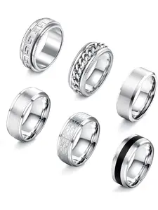 6Pcs Mens Rings 316L Stainless Steel Rings for Men Women Rings Vintage Mens Thumb Rings Silver Engagement Rings Wedding Band Fidget Mens Jewelry Rings Set