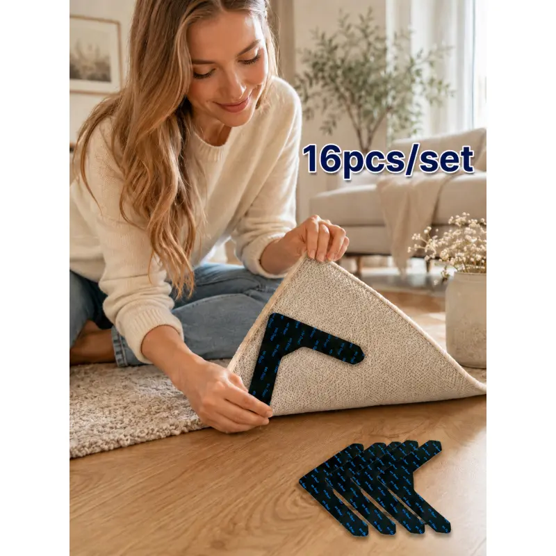 Non Slip Rug Gripper Stickers for Area Rugs and Floor Mats, Removable Carpet Tape with Thin Hidden Design, Washable Reusable Corner Adhesive Pads to Stop Rug Movement, Edge Curling and Tripping, Suitable for Wood Tile Marble Laminate Vinyl Floors, Room