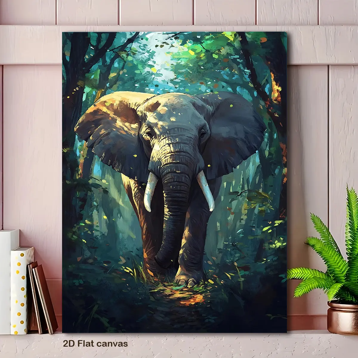 1pc Elephant in Forest Canvas Painting - Large Elephant in Lush Jungle with Brown/Gray/ Green/Blue/Golden Tones - Wood Framed Wrapped Canvas - Ready-to-Hang Modern or Traditional Decor - Living Room, Office, Bathroom, - Housewarming Wedding Birthday Gift