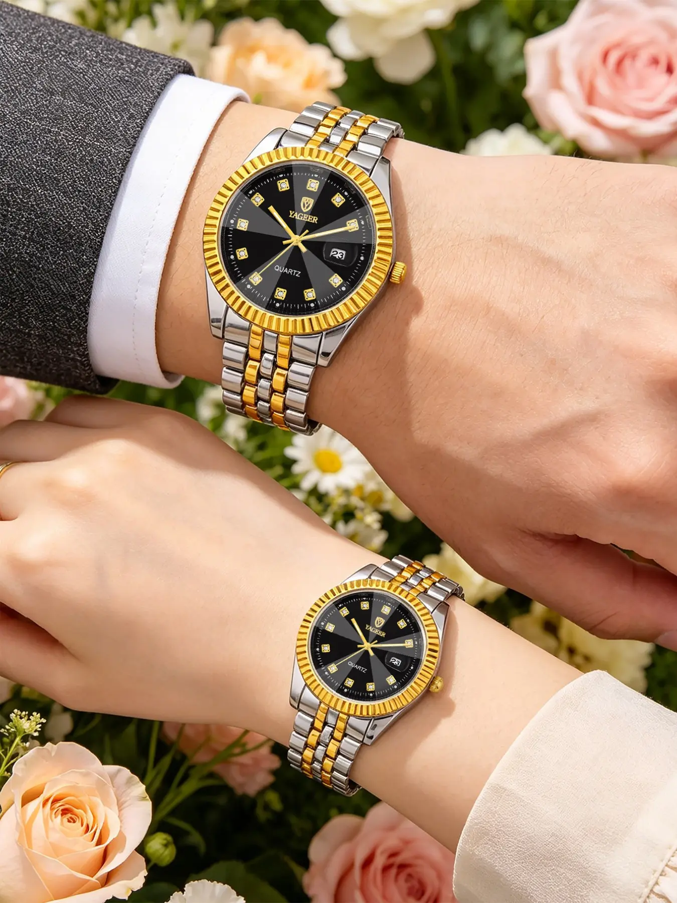 Couple Quartz Watch Set, Round Dial, Analog-Digital Display, Calendar Function, Casual Romance Style, Perfect Gift for Travel