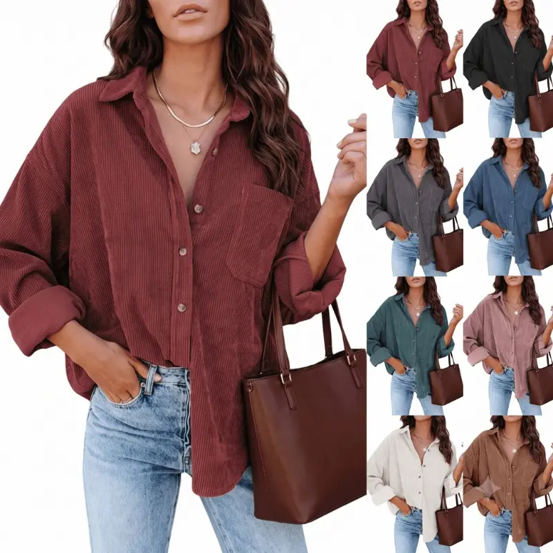 Women's Corduroy Lightweight Button Collared Blouse Shirt With Pocket, Long Sleeve Loose Fit Oversize Drop Shoulder Casual Everyday Style For Spring & Fall