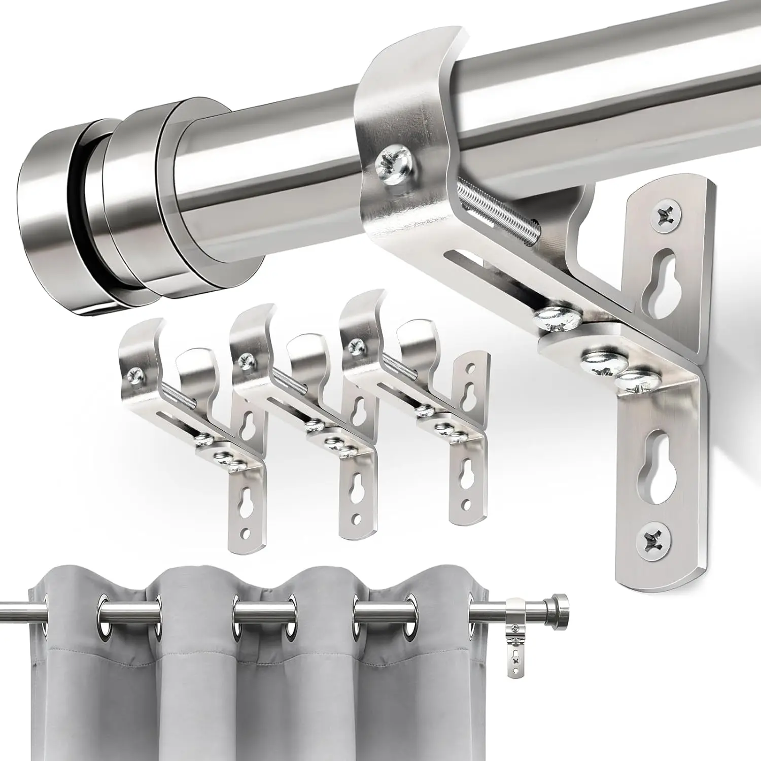 Adjustable Curtain Rod Brackets 4 Pack, Heavy-Duty Iron Wall and Ceiling Mounts with Sliding Stop, Modern Silver Finish, Supports 88lbs, for Bay Windows, Rental Spaces and Small Apartments - Fits 5/8 to 1 1/2 Inch Rods, Adjustable Cup, Durable