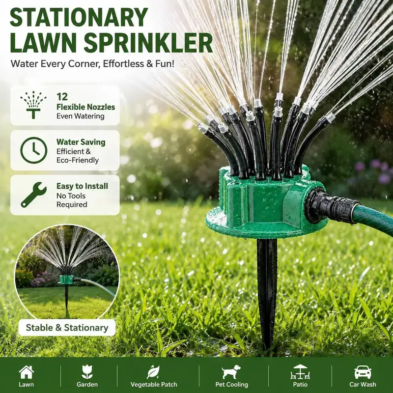 360° Rotating Lawn Sprinkler, Flexible 12-Tube Garden Watering Sprinkler Head with Ground Spike, Automatic Irrigation System for Lawn, Garden, Plants & Outdoor Yard