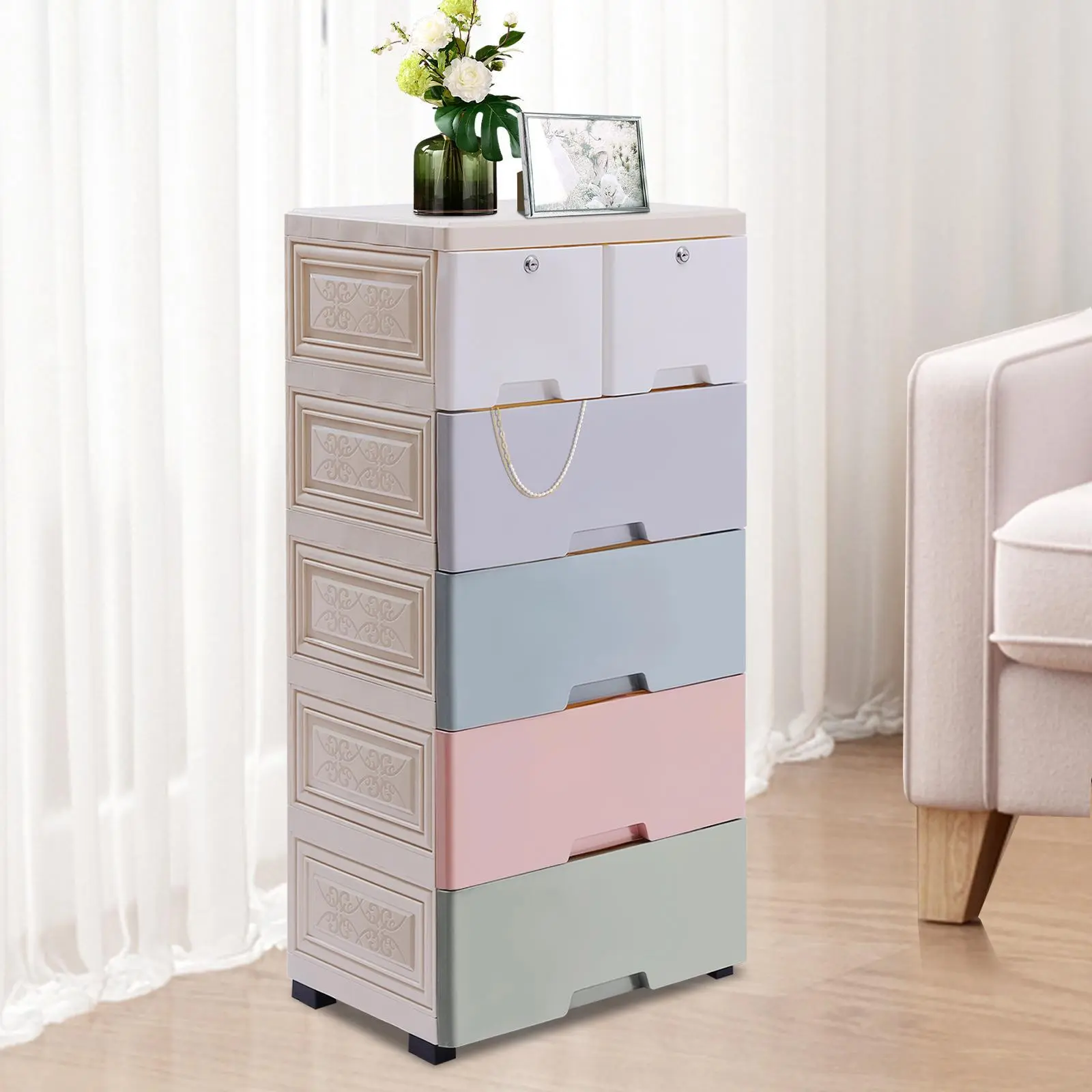 Modern 5-Tier Free-Standing Plastic Rectangle Storage Dresser - 6 Drawers, 30kg Capacity, 6.8kg/14.99lbs Weight, Wheels + Locks, Drawer Stops, Durable Organizer for Home Bedroom