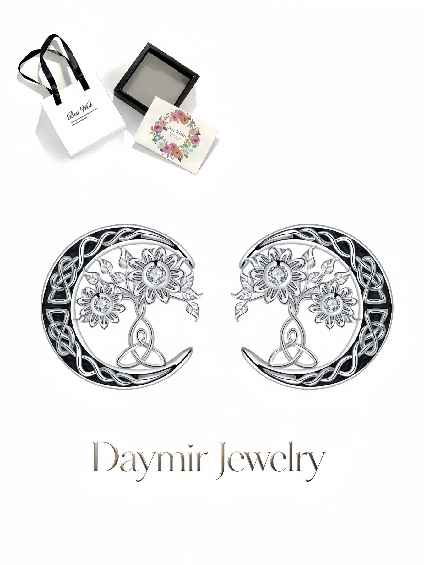 "Silver Moon Celtic Vow", niche premium moon Celtic sunflower gem earrings for women, comes with delicate drawer jewelry box, perfect gifts for birthday, Mother’s Day, Valentine’s Day, Christmas and anniversary.