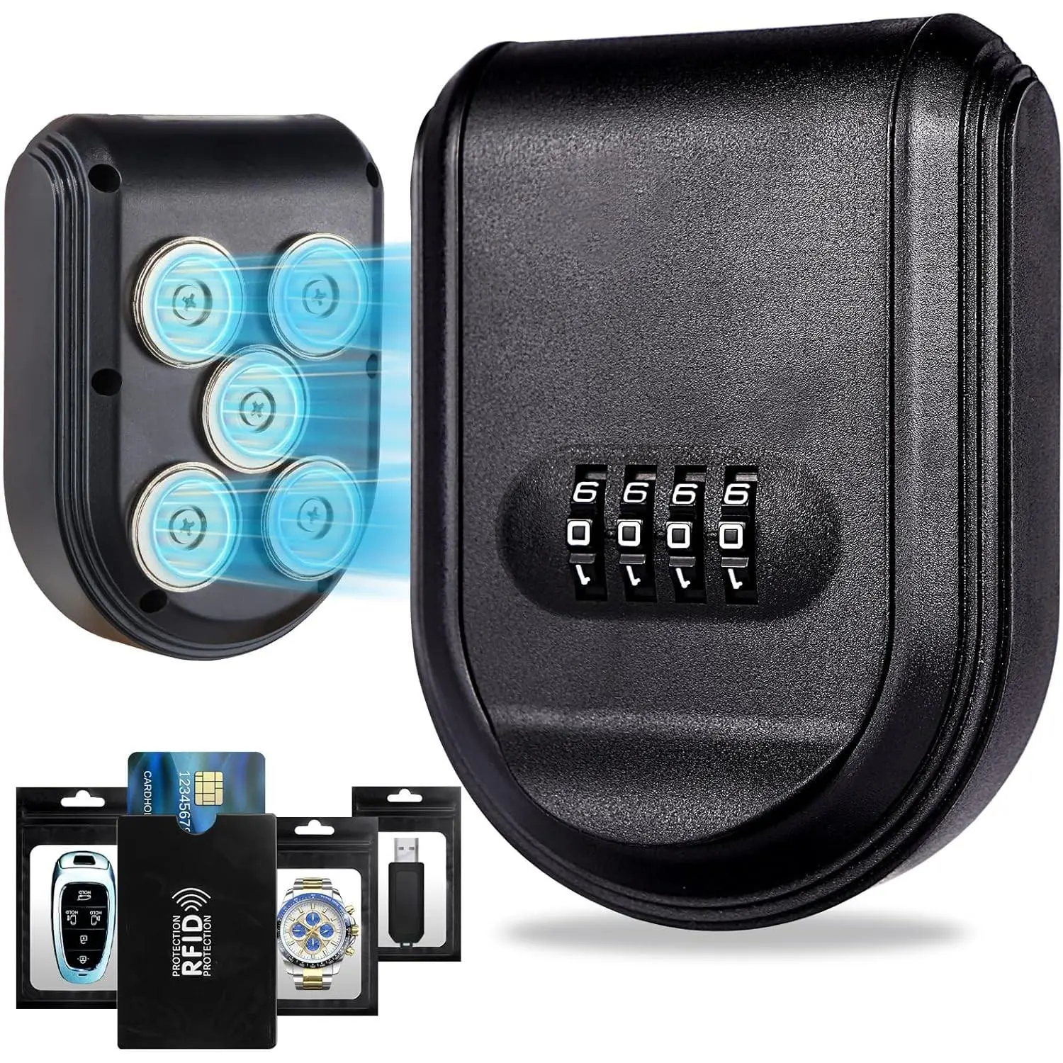 Compact Magnetic Key Box with 5 Strong Magnets, Waterproof Outdoor Holder, Reset Lock, Fits Under Car for Vehicle Use