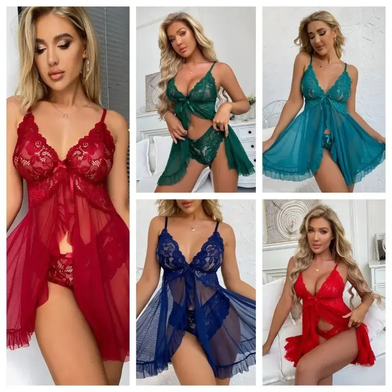 2 Pieces Women's Sleepshirts Lace Lingerie Set Semi-transparent V-Neck Thong Underwear for Women Exquisite Tulle Nightgown Set