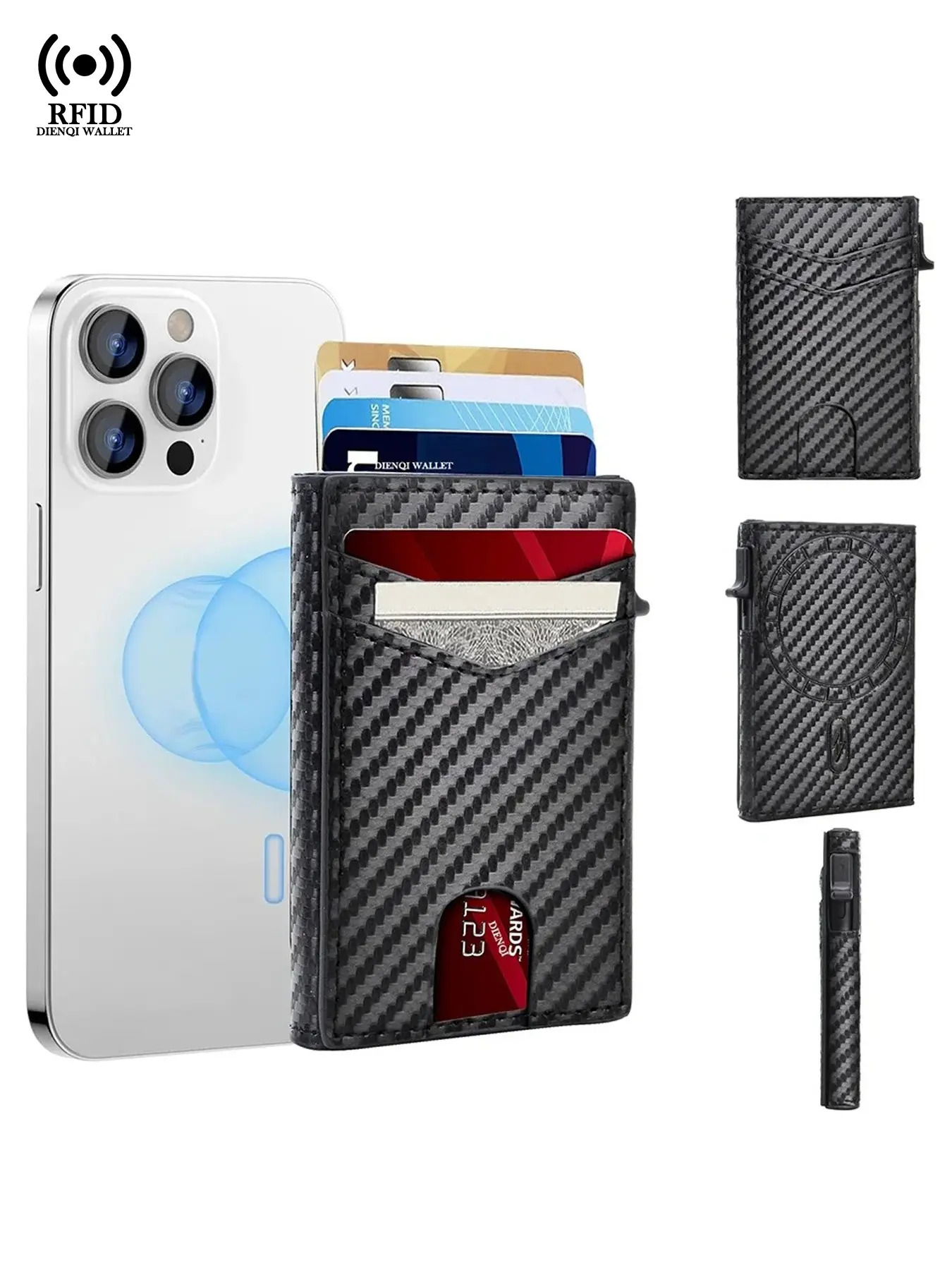 Magsafe Wallet Rfid Blocking Rfid Theft Proof Business Bank Credit Card Holder Men Magnetic Wallets Carbon Fiber Pattern Cardholder Pop-up Metal Card Case Card Slots Pocket Slim Mini Wallets for IPhone for Men,Daily Carry,Gifts,Portable