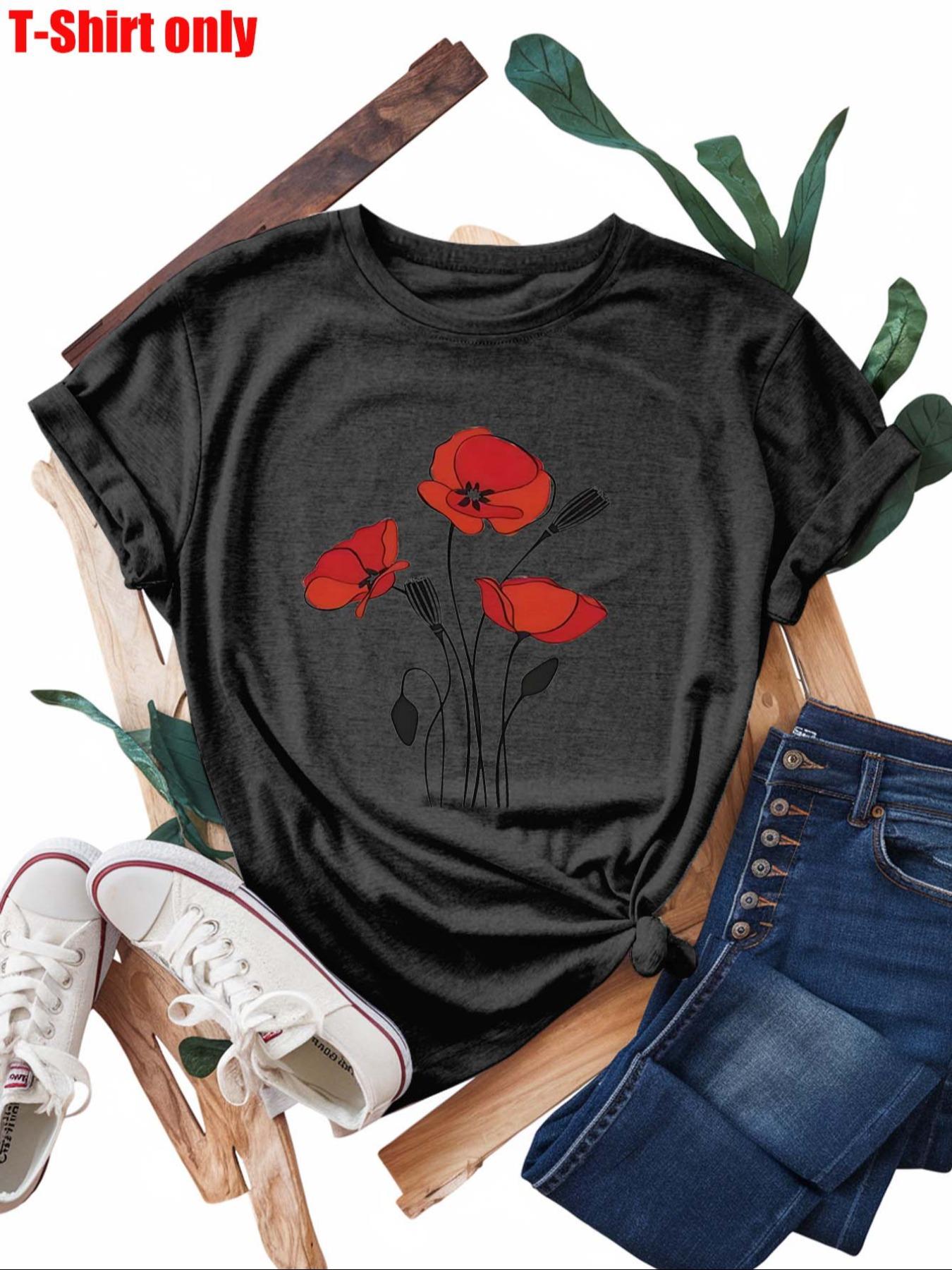 【Plus Size】  Flowers Print Round Neck Tee, Casual Short Sleeve T-shirt for Summer, Women's Clothing for Daily Wear