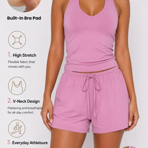 Women's Sport Yoga Two-Piece Set, Halter Slim Fit Tank Top & Elastic Shorts, High Waist, Breathable, High Stretch Activewear, Gym Running Cycling Wear, Sports Clothing Set
