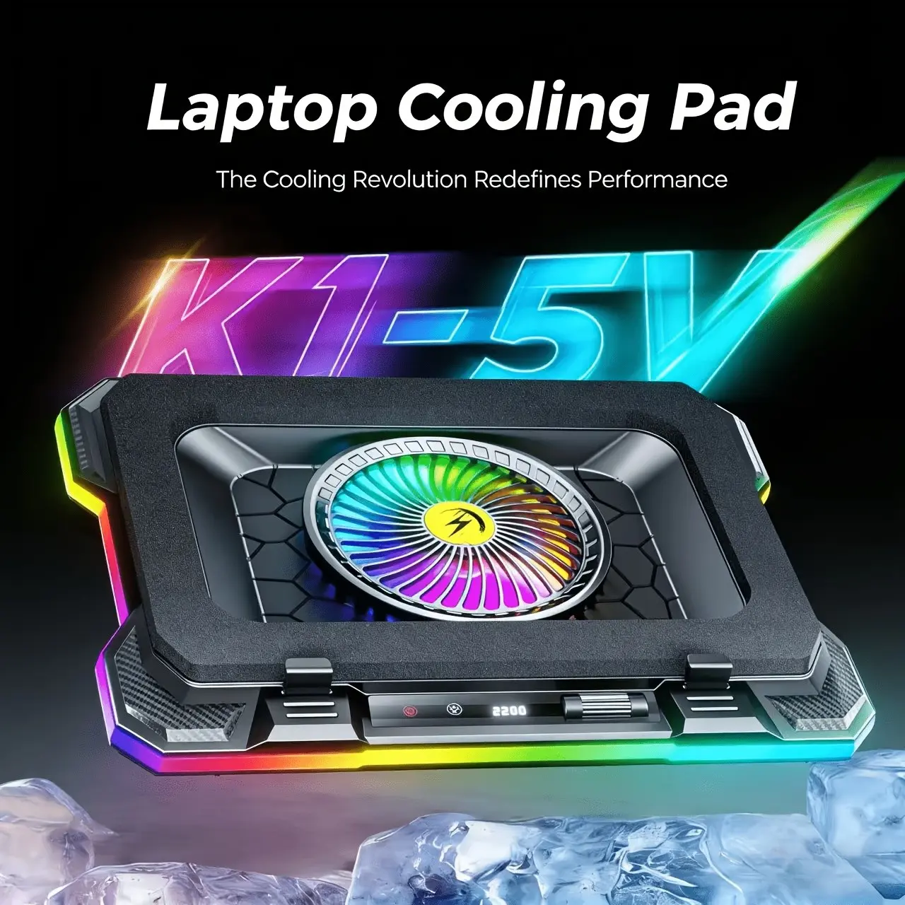 Laptop Cooling Stand with Turbo Boost Technology, RGB Lights, Adjustable Airflow, 5.5 Inch Fan, Compatible with 15.6-19.3 Inches, 8 Height Levels, 2 USB Ports, Phone Holder, Laptop Cooling Pad