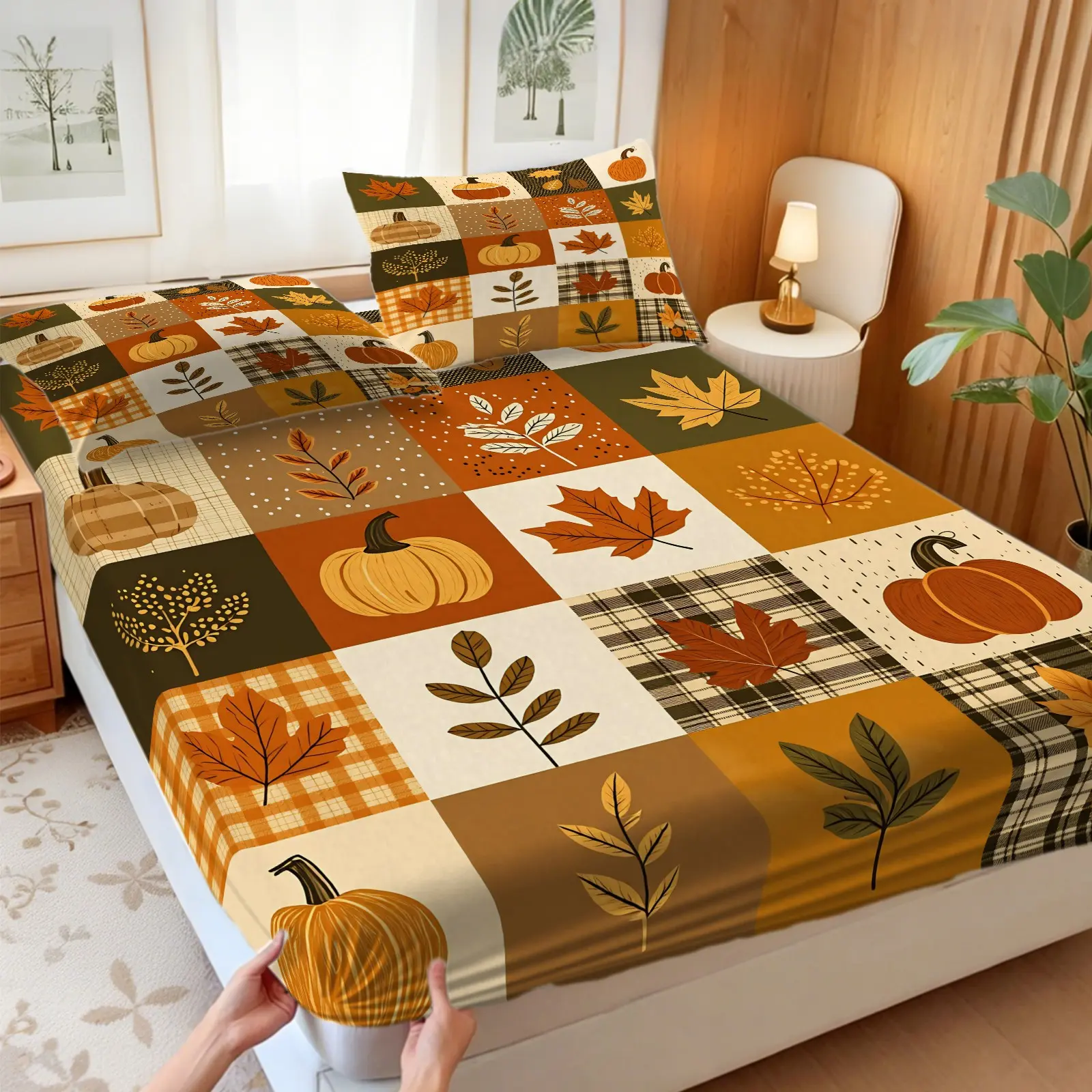 3Pcs Fall Pumpkin Gnome Patchwork Fitted Sheet Set, No Fillers, Soft Bed Sheet Set, Cozy Bedding Set Creates Warm Autumn Vibe, For Adults, Ideal For Bedroom & Guest Room Fall Decor