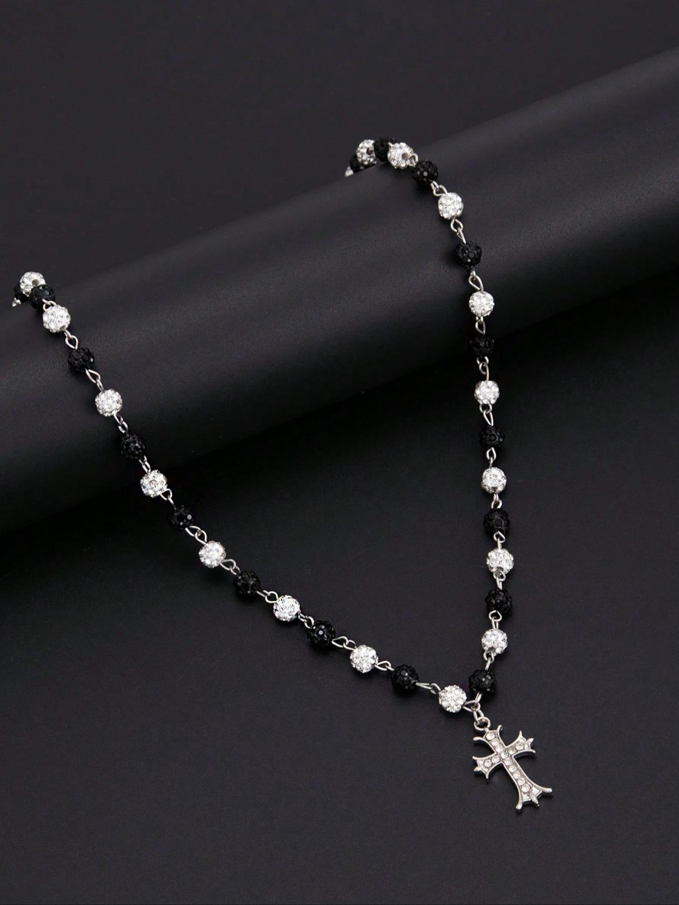 Vintage Stylish Simple Rhinestone Cross Decorated Imitation Pearl Necklace, Men's Hip Hop Punk Jewelry for Elegant Charm, Bling Necklace, Pearl Chain Necklace