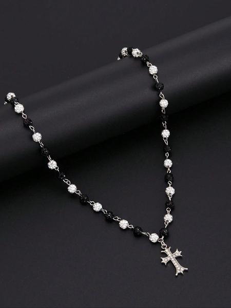 Vintage Stylish Simple Rhinestone Cross Decorated Imitation Pearl Necklace, Men's Hip Hop Punk Jewelry for Elegant Charm, Bling Necklace, Pearl Chain Necklace