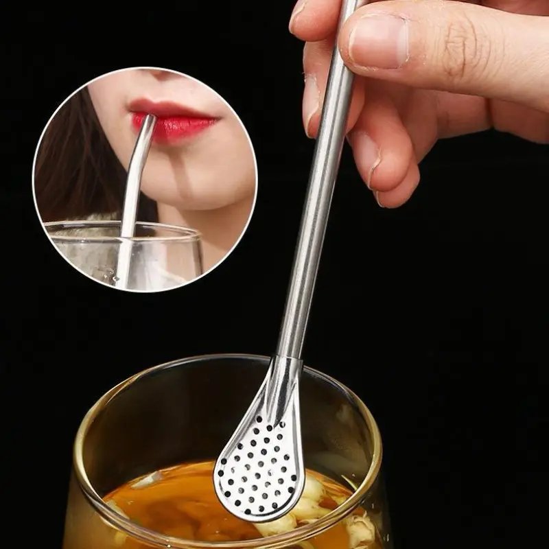 Stainless Steel Straw Spoon, 7.2 Inch Tea Drinking Straw, Multi-Functional Filter Spoon, Reusable Stirring Spoon for Travel Cups