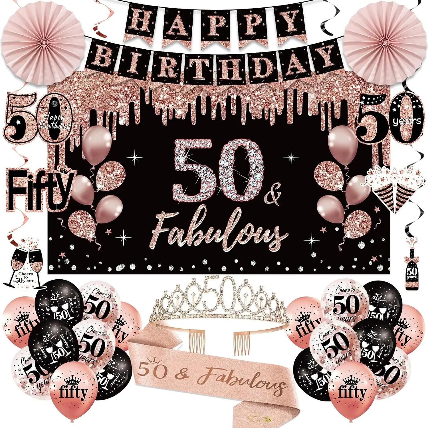 33pcs Black Rose Gold 50th Birthday Party Supplies Kit for Women - Happy 50th Birthday Banner, Crown, Sash, Balloons, Backdrop, Hanging Swirls, Paper FansGift