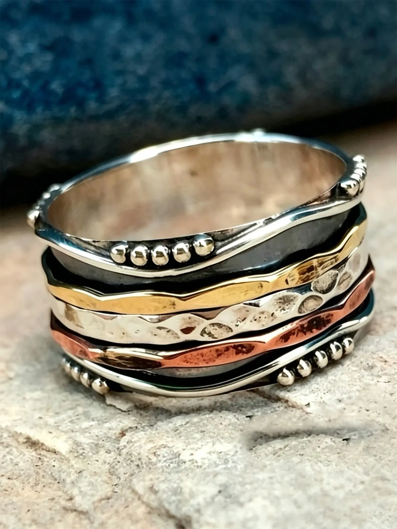 Vintage Ethnic Wide Band Three-Color Ring for Women, Bohemian Casual Daily Wear Party Vacation Ring, Stylish and Versatile Jewelry