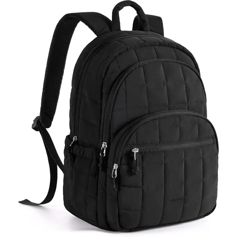 Black Quilted Laptop Backpack for Women, Water-Resistant 15.6 Inch Computer Bag, Lightweight Casual Travel Daypack for College, High School & Everyday Office Commute