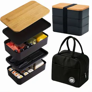 Three-Layer Bento Box Set, Minimalist Japanese Bamboo Lid, Reusable, Leak-Proof, Microwave Safe, Includes Utensils, Ideal for Office, School, Travel