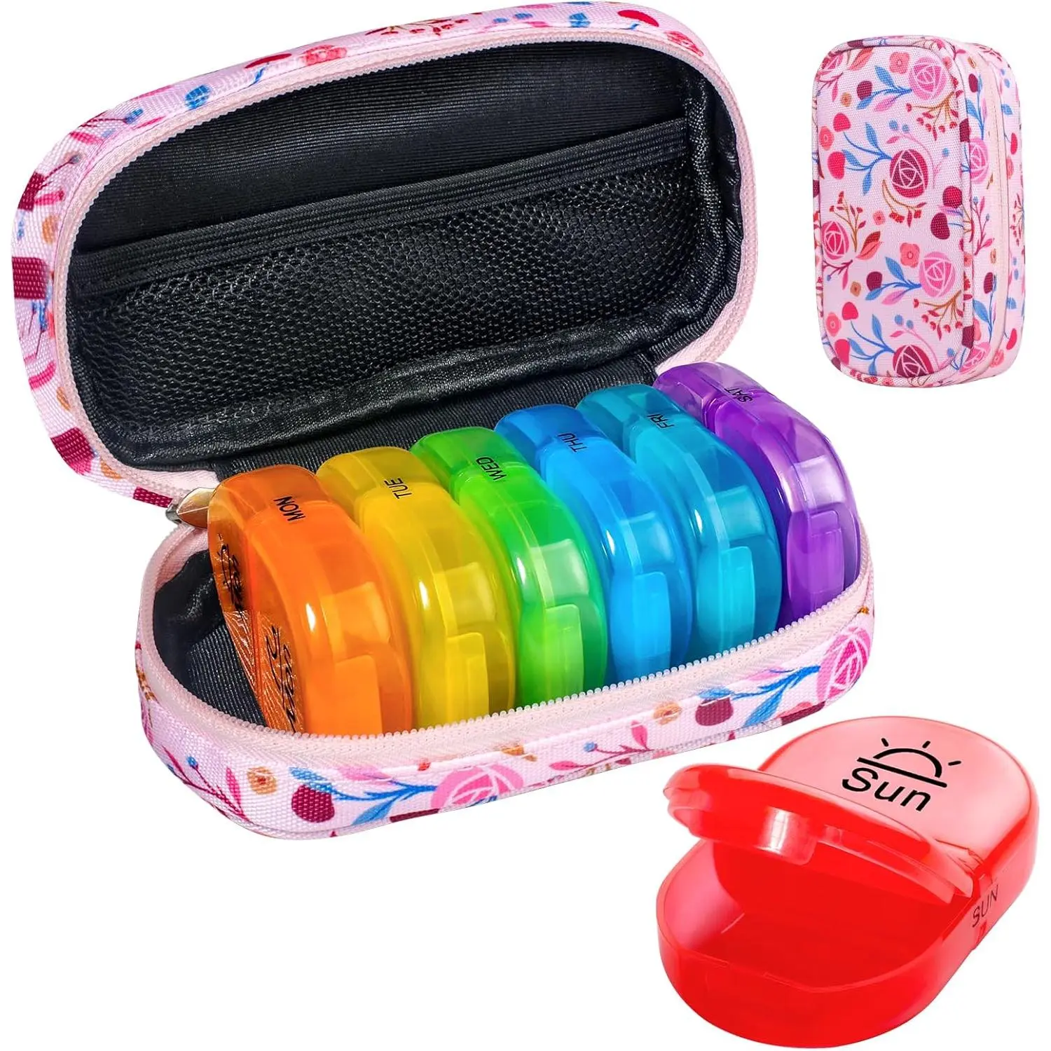 Weekly Travel Pill Organizer 2 Times A Day AM PM Upgraded Rainbow Pill Box 7 Day with Portable Zipper Canvas Pill Case, Medicine Organizer for Pills, Vitamins, Fish Oils - Pink 01