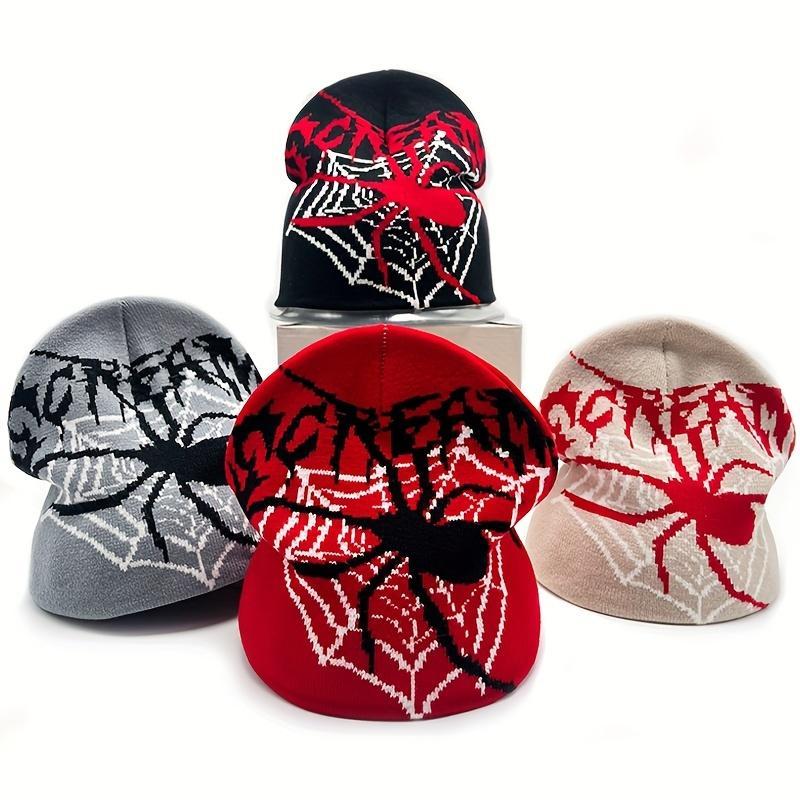 Y2K Unisex Beanie Hat with Halloween Spider Web & SCREAM Letter Design, Stretchy Elastic Band, Warm Winter Skull Cap for Streetwear, Hip-Hop, and Parties (Red/Black/White/Grey)