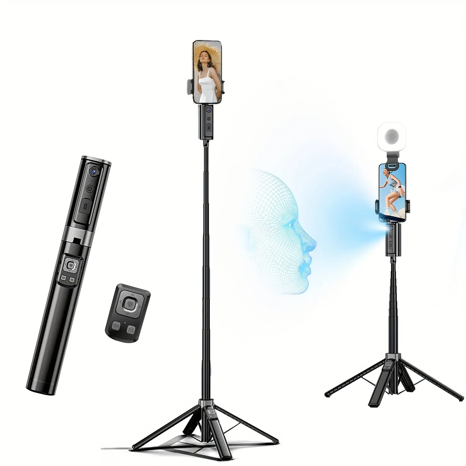 AI Selfie Stick Tripod with Auto Face Tracking, 360 °   Rotation & Dual Ring Fill Light, 70" Telescopic Pole, Remote Control, 4-in-1 Multi-Function Modes (Floor/Desk/Tripod/Handheld) for Smartphones - Travel & Vlogging Essentials, Versatile Content