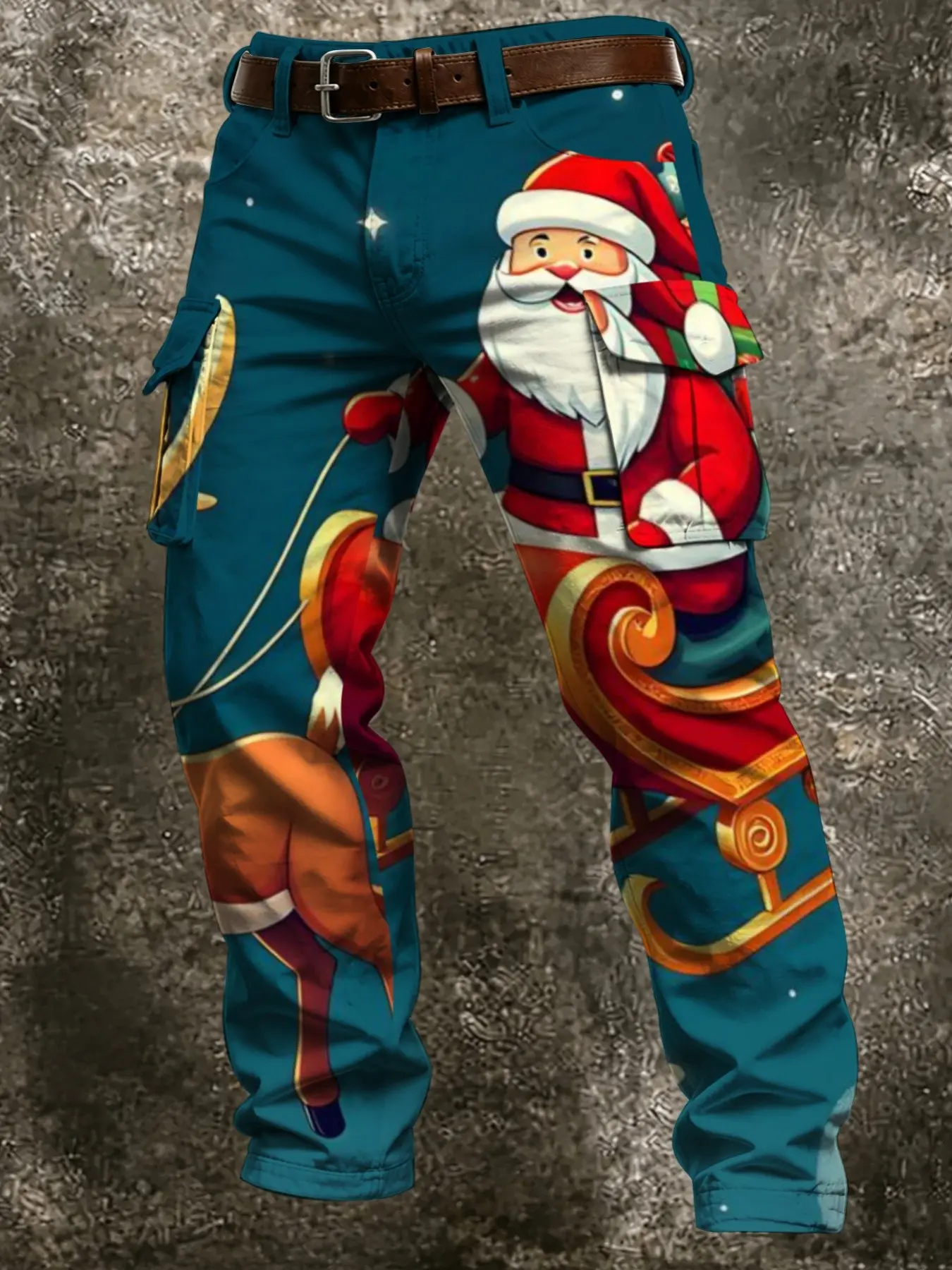 Men's Christmas Santa Reindeer Sled Cartoon All over Print Cargo Pants, Multi-Pocket Straight Leg Casual Long Pants for Holiday Season