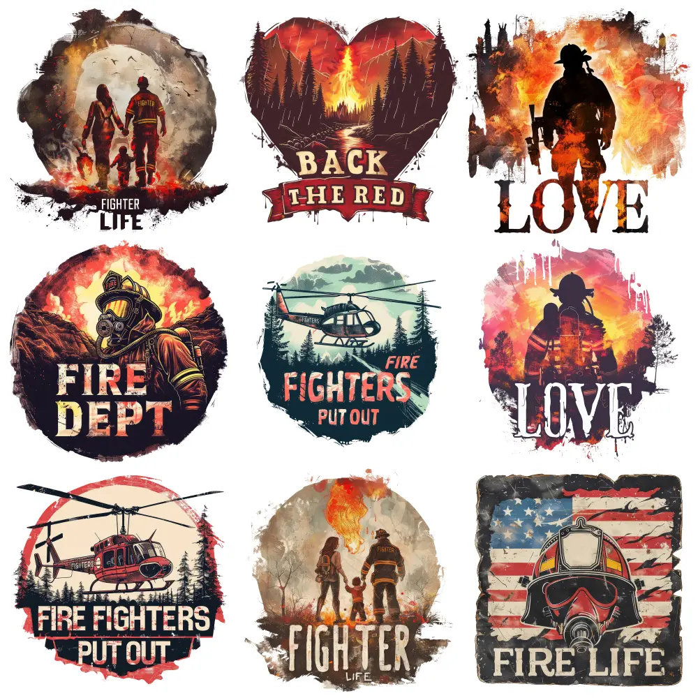 9 Pcs Firefighter Iron-On Patch Set, Firefighter Love Design, Washable Heat-Transfer Stickers for Home Decor, Casual Style Fire Dept Themed Iron-On Transfers