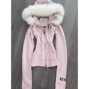 American Vintage Pink Furry Hoodie Women Y2K Harajuku Faux Fur Collar Jacket Fashion Slim Hottie Sweatshirt Fashion Retro Coats