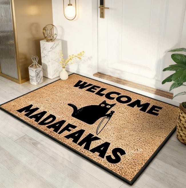 Sarcastic "Welcome Madafakas" Black Cat with Knife Diatomaceous Earth Doormat. Fast Drying Super Absorbent Diatom Mud Entrance Mat. Non-Slip Floor Rug for Front Door Bathroom Kitchen. Unique Funny Gift for Naughty Cat Lovers.