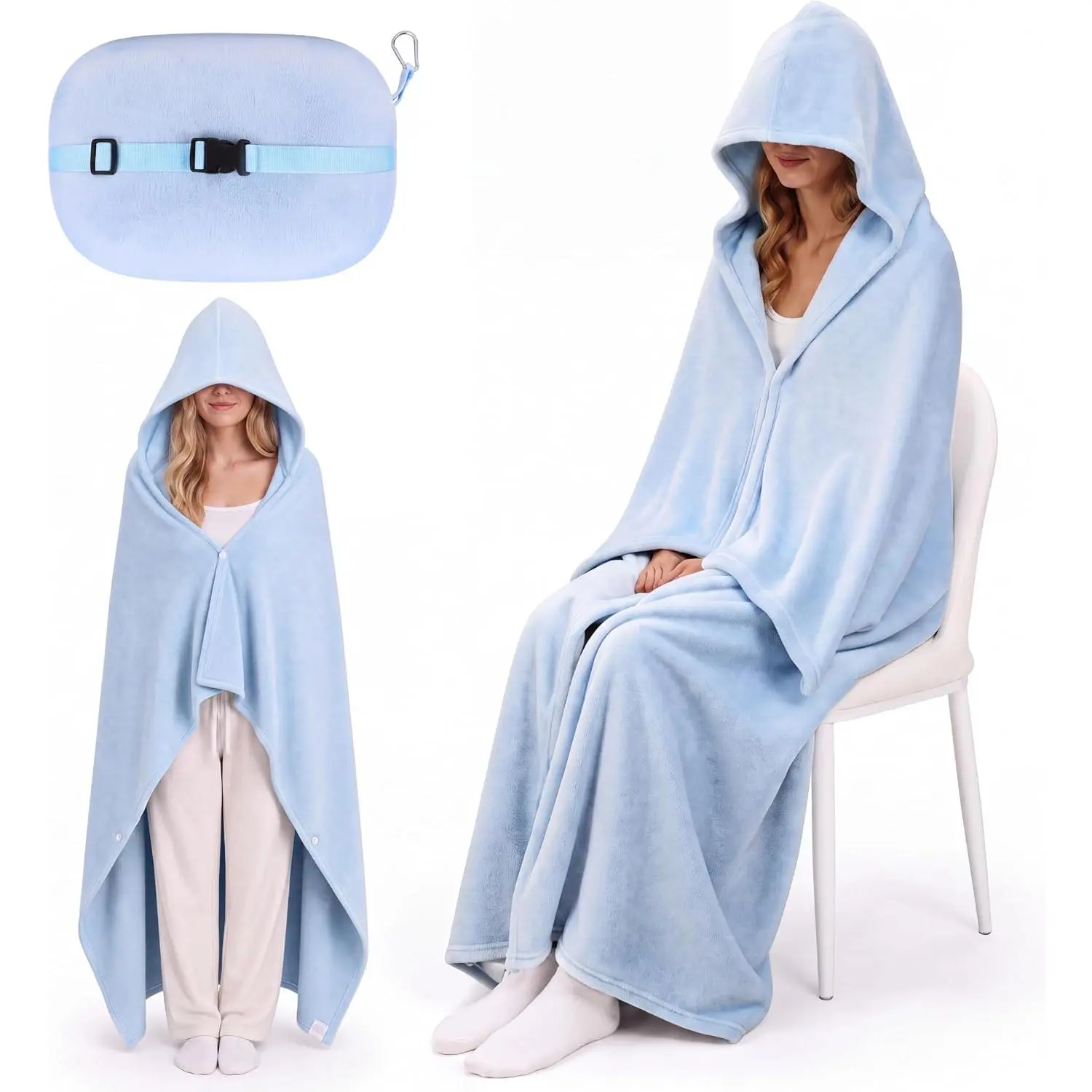 Hooded Wearable Fleece Travel Blanket Airplane with Snap Closure, Foldable Travel Pillow, Compact Carry Carabiner Strap, Soft 60''x50'' Fleece Blanket for Plane Office (Blue)