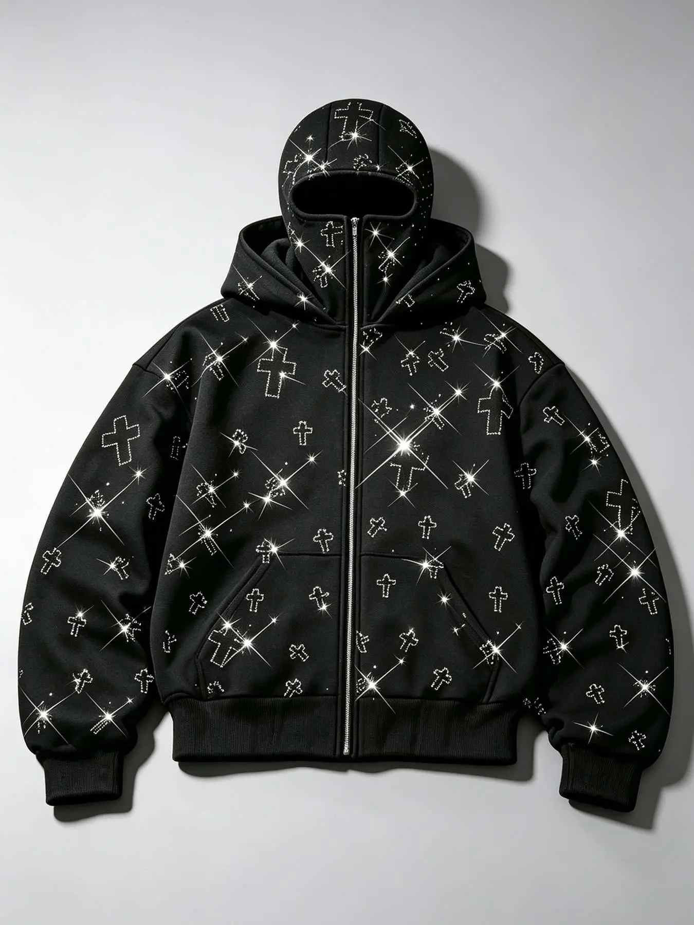 Men's zipper cardigan sweater body full of rhinestones cross Barak Rafa mask fleece sweater, hooded cardigan jacket for men and women, Y2K dark double-hooded street fashion brand warm jacket.