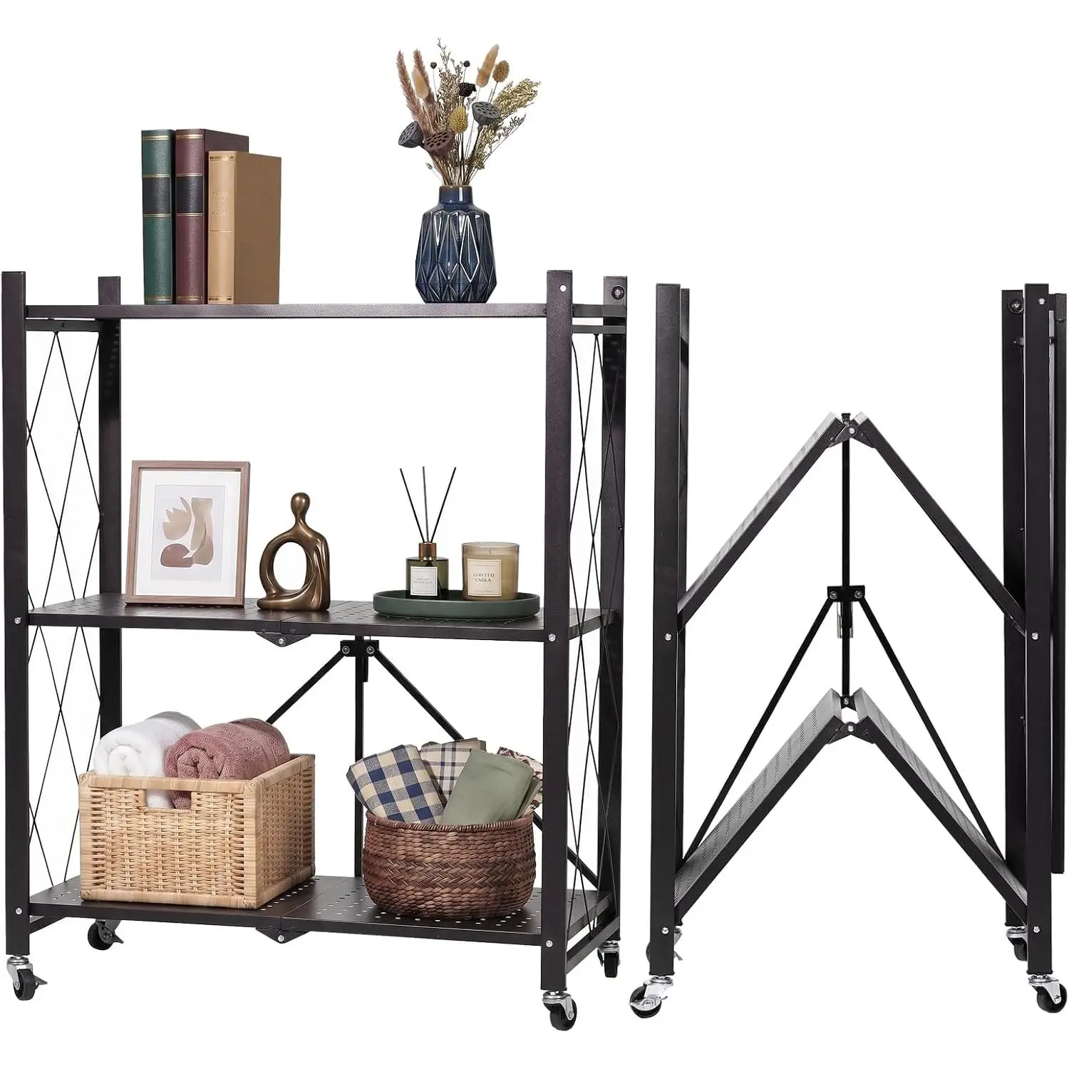 3-Tier Foldable Storage Shelf with Wheels – Heavy Duty 550 LBS Capacity, Collapsible Metal Steel Rolling Rack for Garage, Kitchen, Pantry, Office – Black