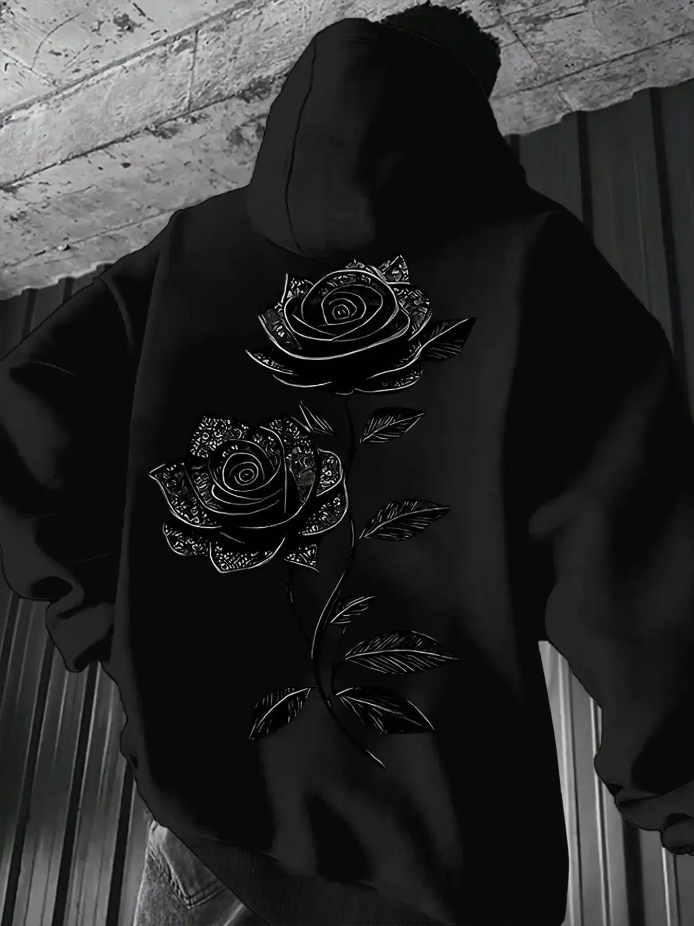 Men Oversized Hoodie Sweatshirt, Front Small White Rose Embossed Print, Large Vintage Rose Graphic On Back, Gothic Dark Floral Pullover Hoodie, Casual Streetwear Hooded Top For Fall Daily Outfits