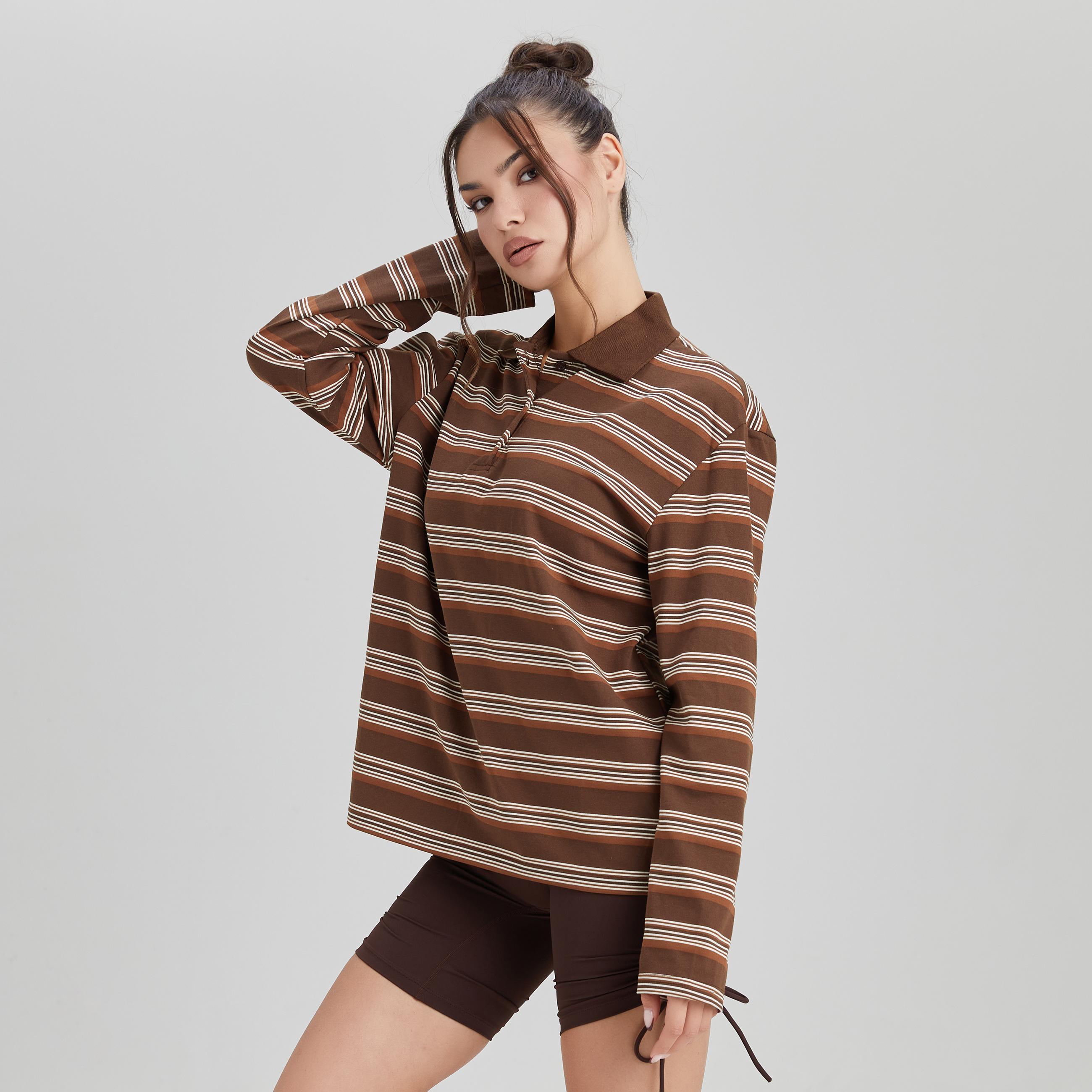 KatchMe Women's Casual Color-Matching Stripe Partial Button Long Sleeve Top, Versatile Striped Cotton Polo Shirt, Comfort Loose Streetwear