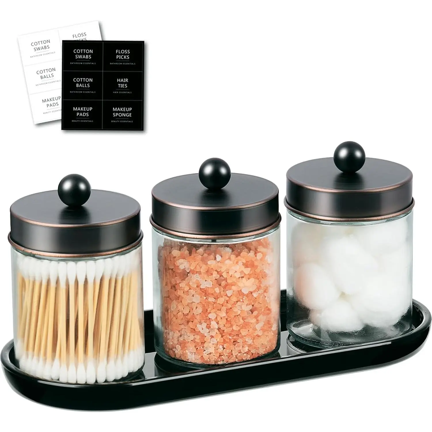 Oil Rubbed Bronze 3pcs Glass Apothecary Canister Set - 3×8oz Apothecary Jars with Lids, Tray, Stickers, Stainless Steel Accents, Brushed Nickel Touches, Bathroom Vanity Organizer for Cotton Swabs, Floss Picks