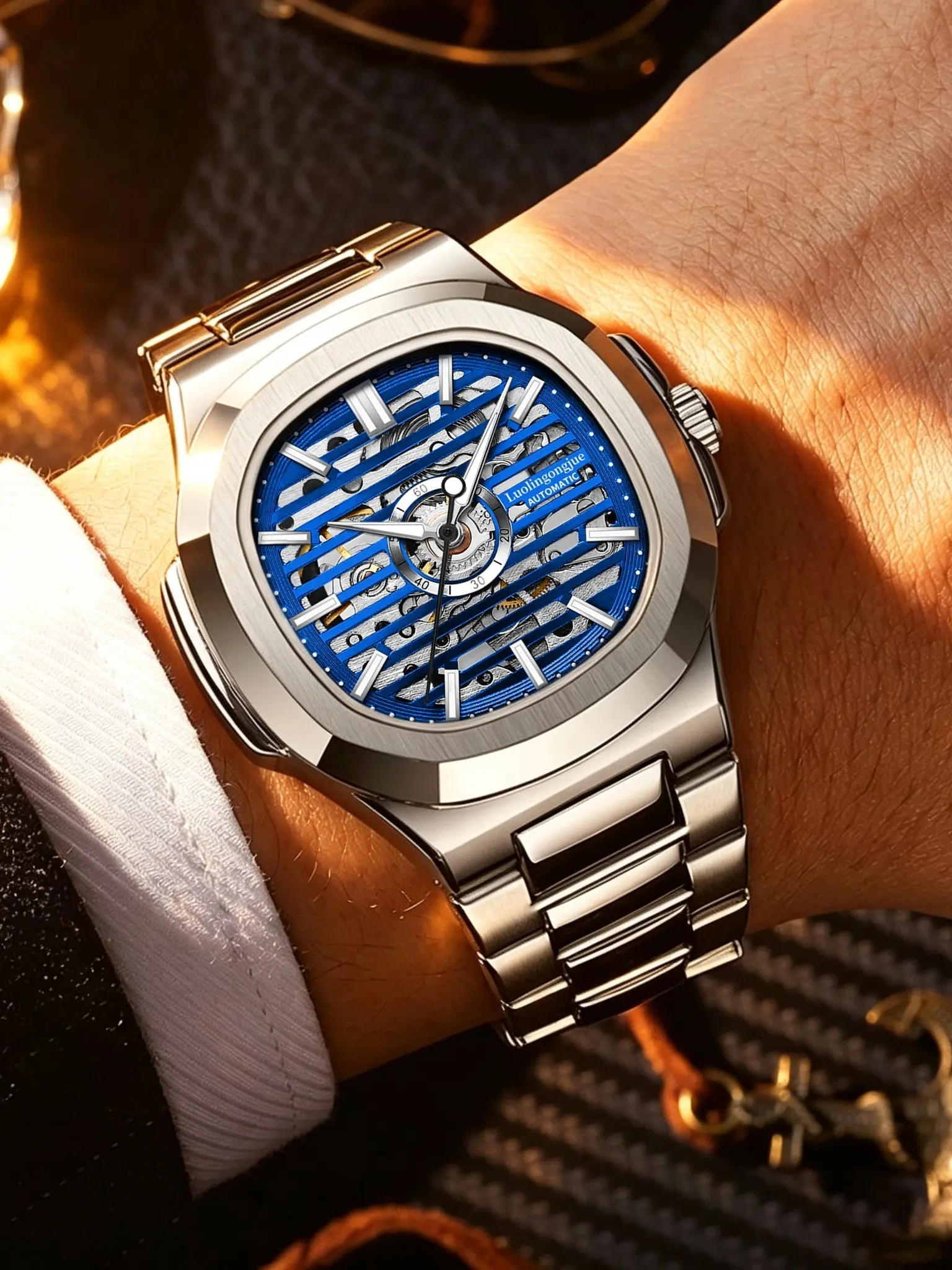 Men's Mechanical Watch, Square Hollow Out Automatic, Stainless Steel Band, Business Commuter, Waterproof, Luxury Fashion Watch