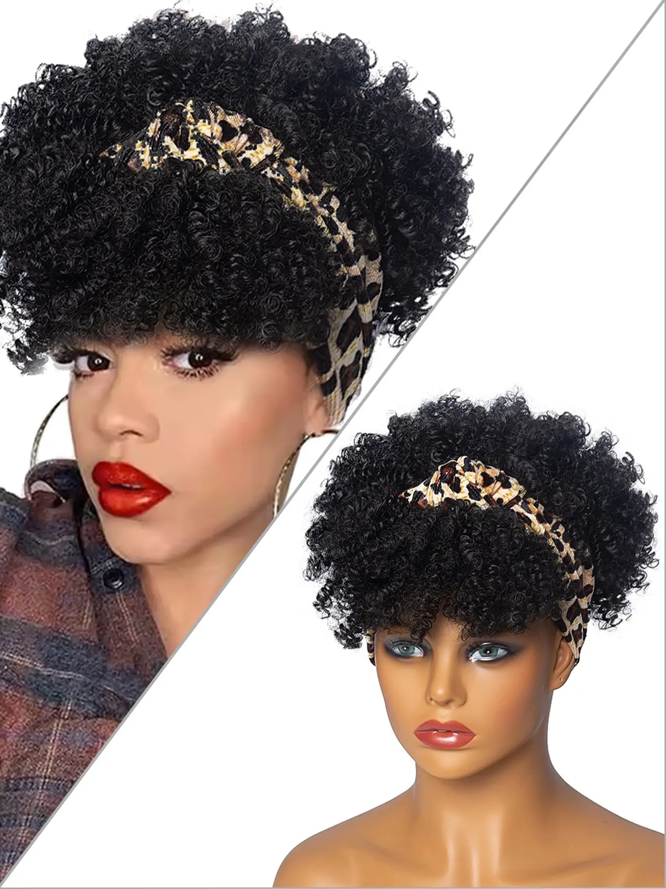 Women's Turban Wig, Synthetic Short Afro Curly Wig, Fluffy Curly Wig with Bangs, 2-in-1 Turban Wig with Drawstring, Stretchy, Comfortable and Breathable Turban Headband Wig Cap, Synthetic Hair Wigs, Soft Curly Wig, Suitable for Daily Use