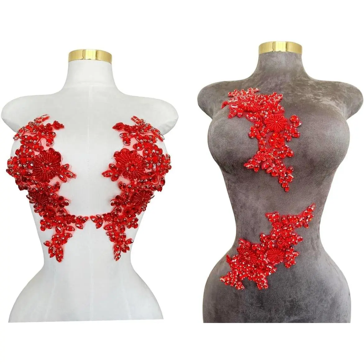 Women's Rhinestone Trim Dress Accessory Set - 1 Pair Hand-Sewn Beads, Sequined Patch, Lace Applique for DIY Decor, Girl's Wedding Dress Decorations (Red)