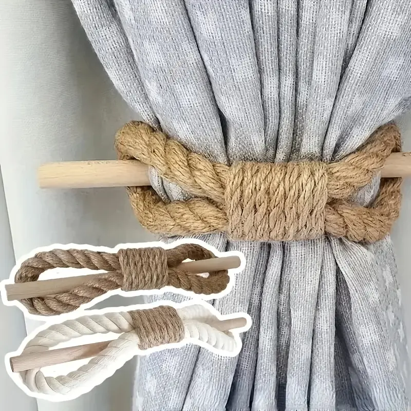 [Nordic Wood Sticks] 2pcs Nordic Style Solid Wood Sticks, Coarse Rope And Hemp Rope, for Easy Curtain Fixation, Suitable for Bedroom, Living Room Decorative Curtain Rope, Curtain Buckle, Home Decoration