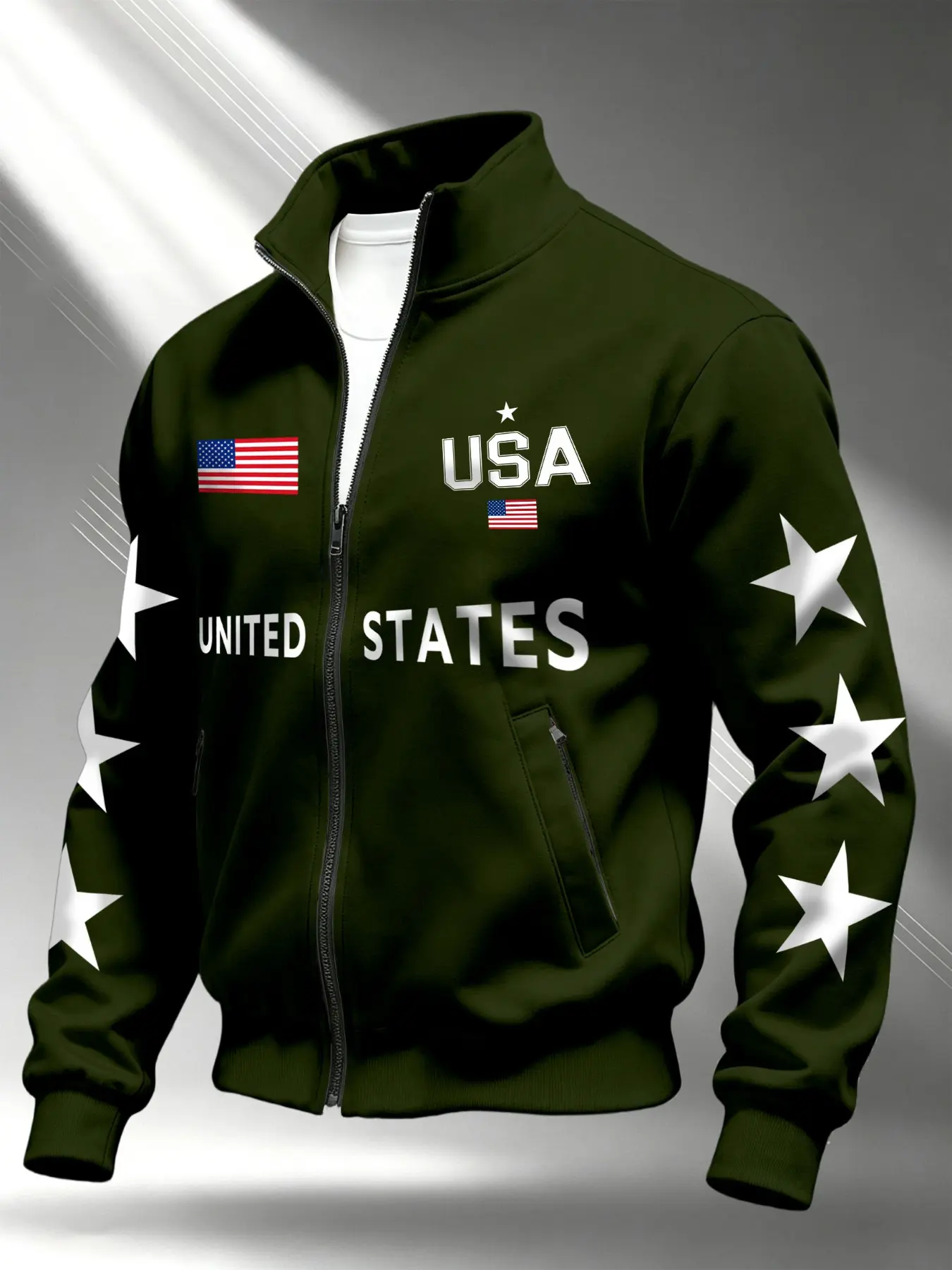 Men's Stand Collar Zipper Open Front Jacket, Loose Fit Long Sleeve Sweatshirt, Casual Letter Pattern, Breathable Knit Fabric, Retro Style