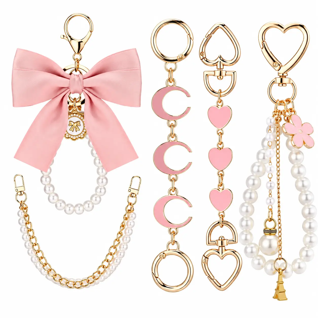 Bag Accessories 5-Piece Gold-Tone Pearl Beads Chain Extender Set with Delicate Bow Accents - Versatile Handbag Strap Extension to Customize Purse, Enhance Everyday Carry